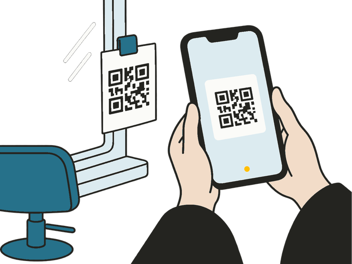 鏡の縁のQRコードを、お客様が自分のスマートフォンで読む
