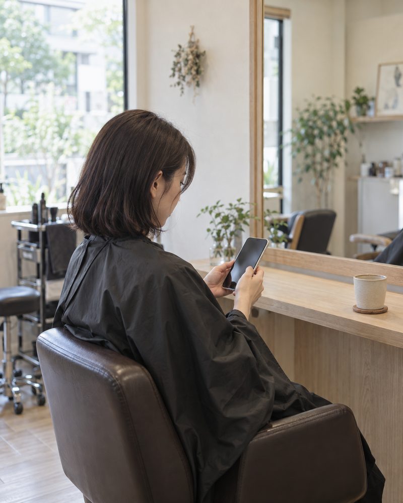 セット面の椅子で、お客様がスマートフォンを見ている