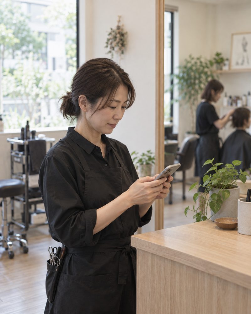 受付でオーナーがスマートフォンを確かめている