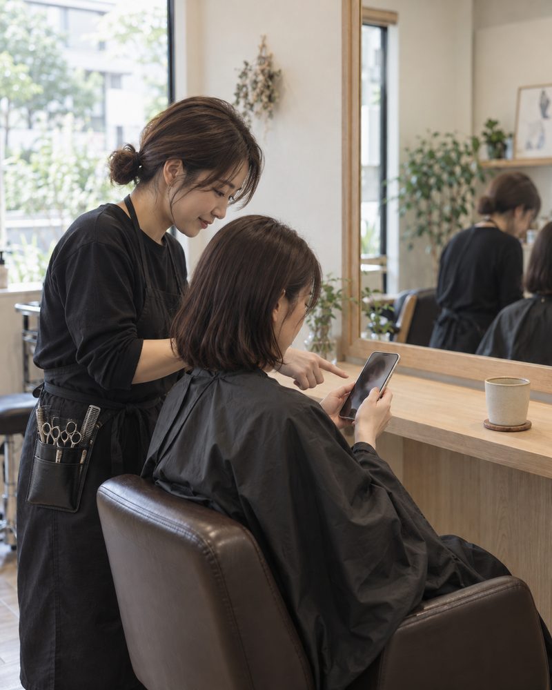 スタッフがお客様の手元のスマートフォンを一緒に見ている